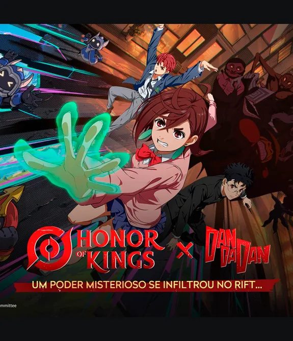 Honor of Kings x Dan Da Dan com imagem de personagens do jogo e do anime Dan Da Dan.