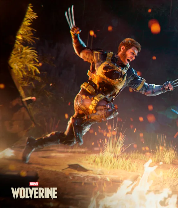 Imagem do jogo Marvel’s Wolverine com Logan lutando contra soldados de noite em local com árvores e chão de terra com grama.