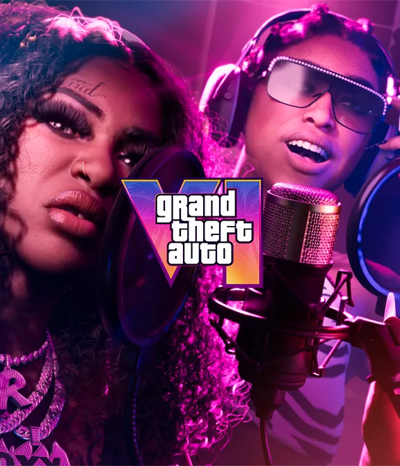 Imagem de GTA 6 com personagens da dupla Real Dimez, Bae-Luxe e Roxy gravando música em estúdio para representar a matéria de Músicas de GTA 6.