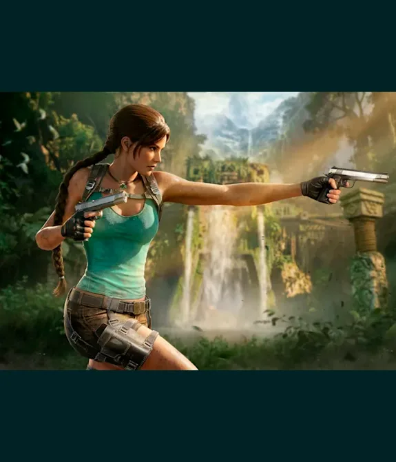 Lara Croft com roupa clássica, pistolas duplas e em selva com ruínas arqueológicas em imagem de Tomb Raider: Legacy of Atlantis.