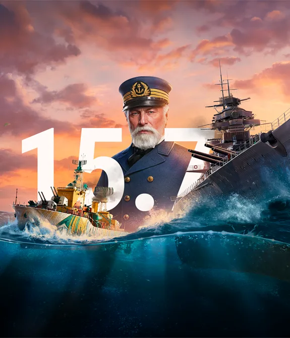 World of Warships atualização 15.7 com imagem de navios na água e junto de Pascual Cervera y Topete.