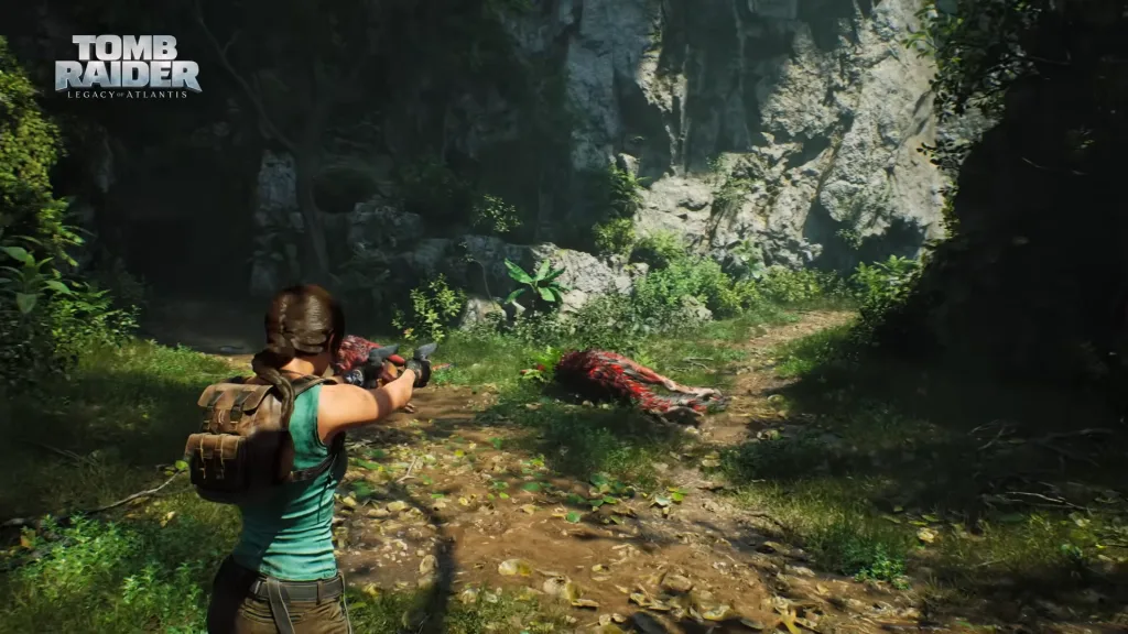 Imagem de Lara segurando pistolas duplas como armamento depois de derrotar veloceraptores.