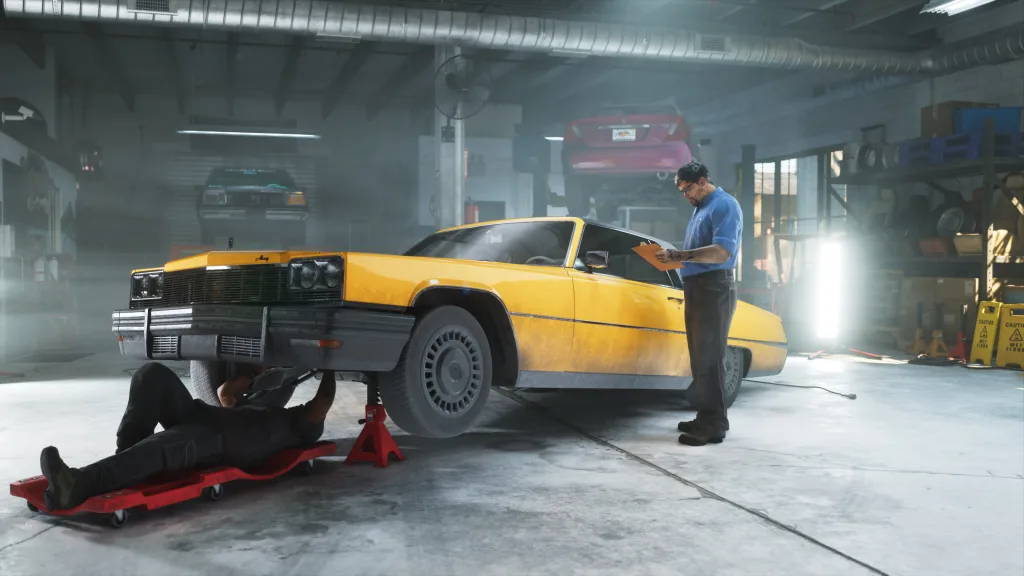 Mecânicos mexendo em carro amarelo em GTA 6.