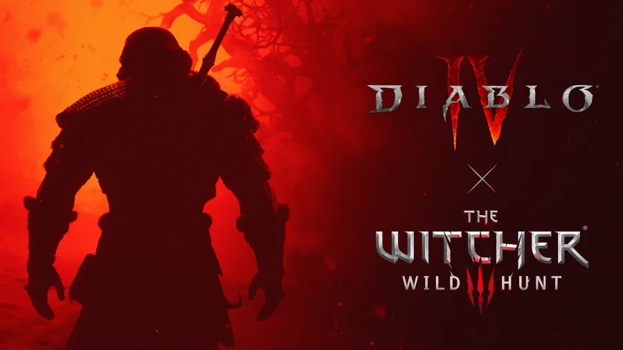 Parceria entre The Witcher 3 e Diablo IV com imagem de Geralt de costas próximo a árvores retorcidas em fundo vermelho.