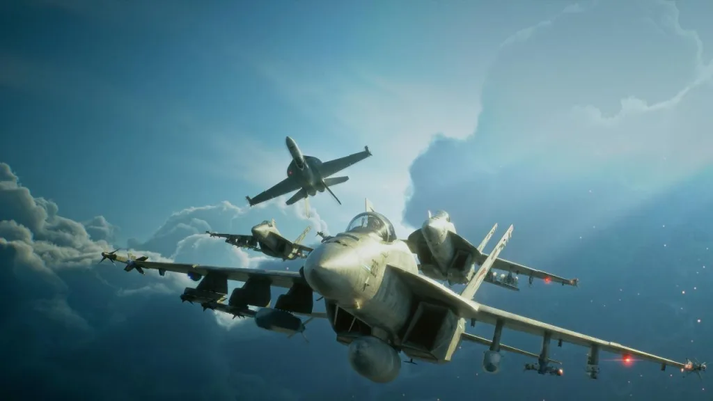 Caças sobrevoam as nuvens em ACE COMBAT 8: WINGS OF THEVE