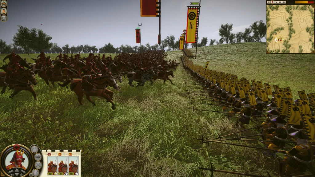 A cavalaria de um grupo atacando os lanceiros de outro.