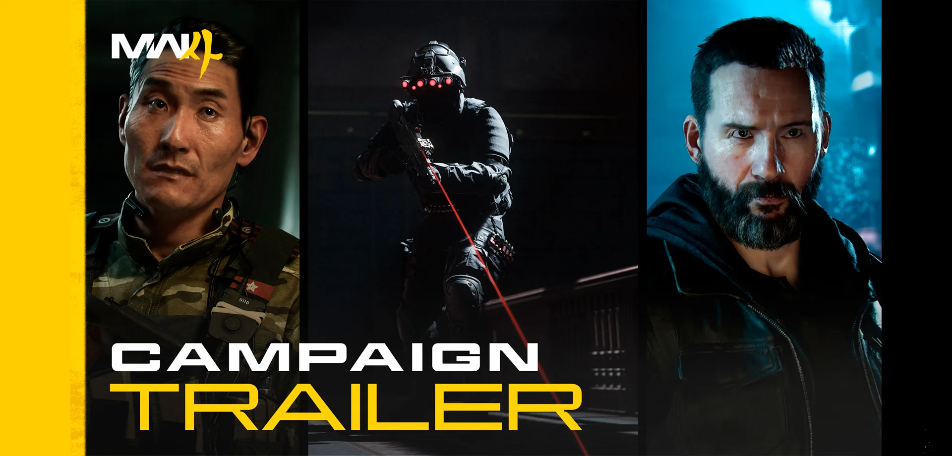 Capa do Trailer de Campanha de Call of Duty Modern Warfare 4 com 3 personagens divindo a imagem.