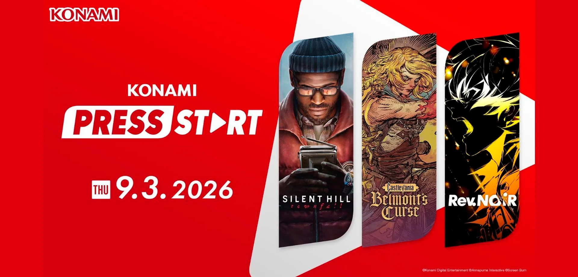 Imagem da Konami Press Start apresentada no dia 03 de setembro de 2026 com imagens de Silent Hill Townfall, Castlevania Belmont's Curse e Rev.Noir.