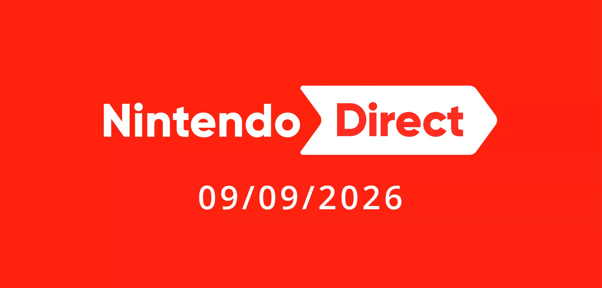 Imagem com fundo vermelho e letras em branco escrito Nintendo Direct 09/09/2026.