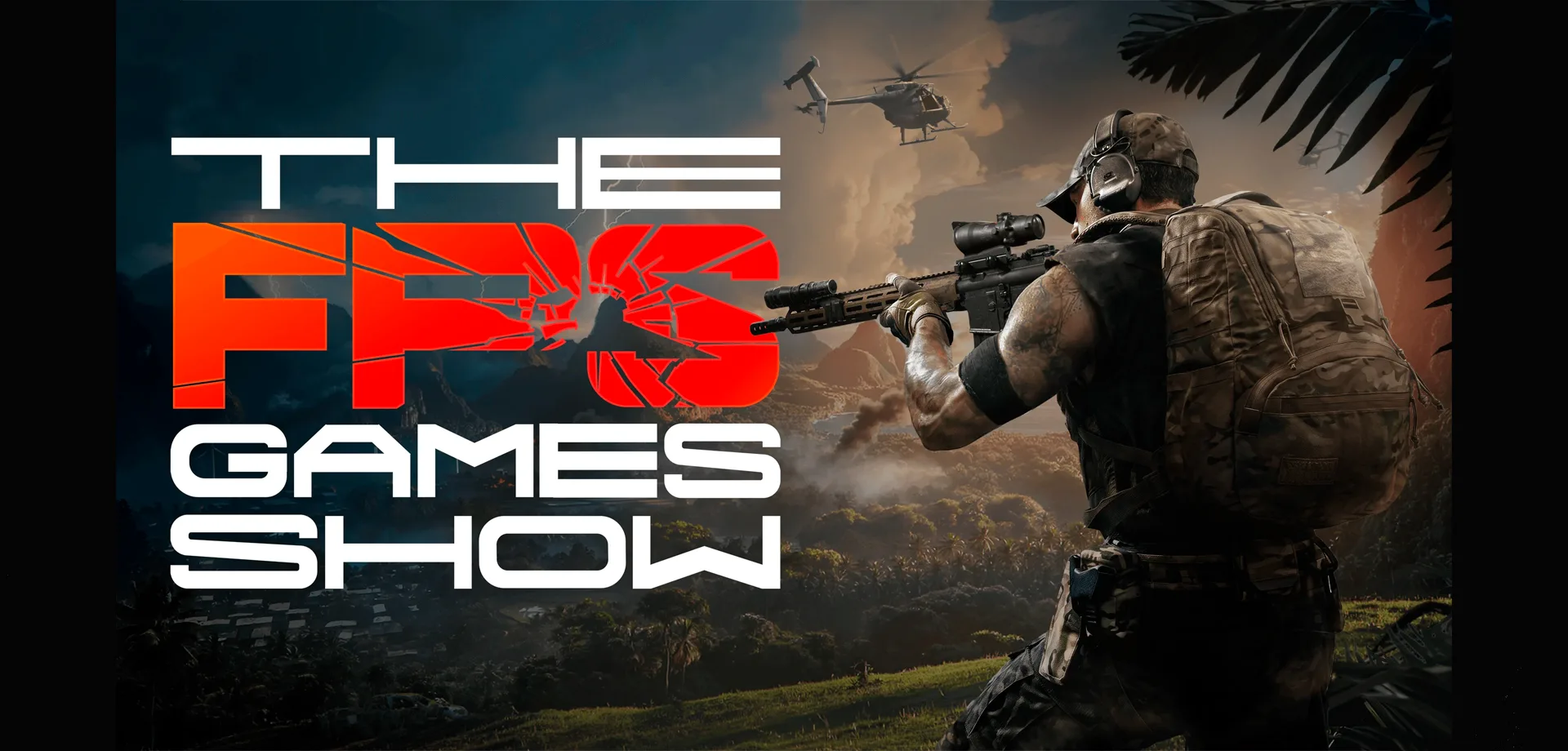 Operador armado apontando para a logo da The FPS Games Show.