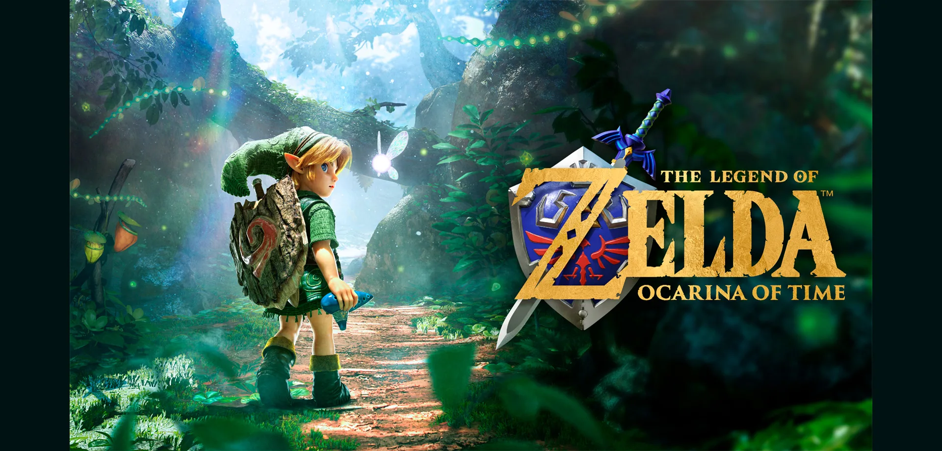 Imagem de Link segurando uma Ocarina e a pixie brilhante ao lado. Eles estão em uma floresta e a logo de The Legend of Zelda Ocarina of Time aparece na lateral. Imagem vinda da apresentação de The Legend of Zelda 40th Anniversary.