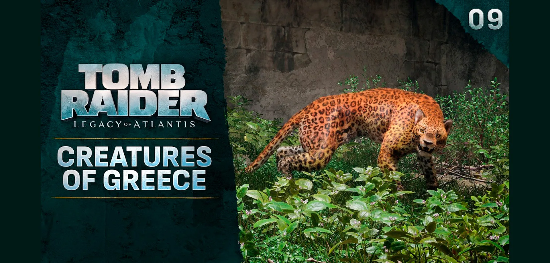 Tomb Raider Legacy of Atlantis com a imagem de uma "onça" e os dizeres em inglês, Criaturas da Grécia.