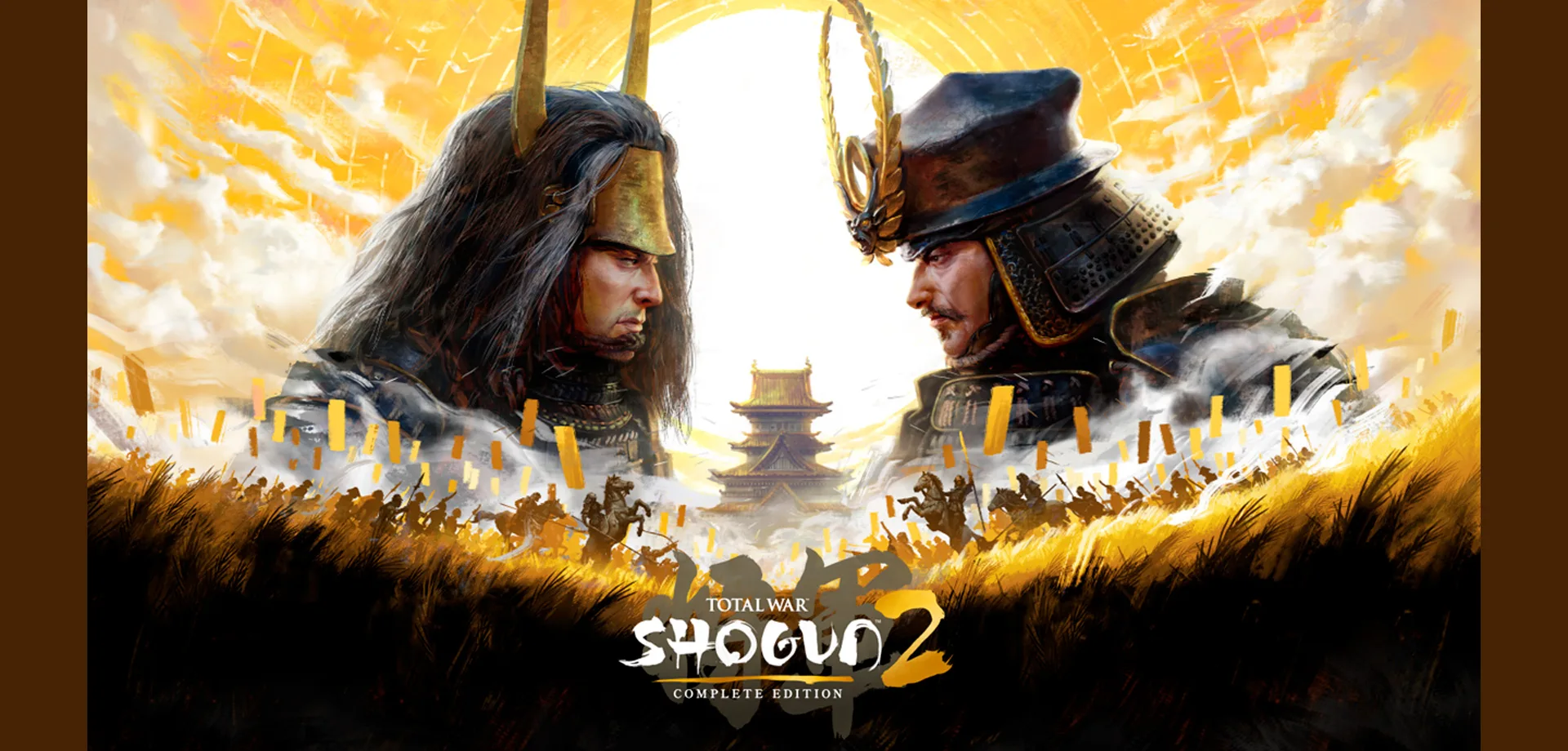 Arte principal de Total War SHOGUN 2 Complete Edition com 2 personagens comandantes de encarando e os exercícitos iniciando combate na frente de um templo e com sol poente.