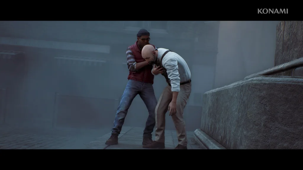 Imagem de Silent Hill TGownfall com 2 personagens conversando em ambiente urbano com neblina.