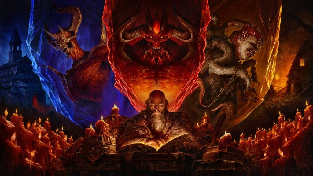 Imagem da Temporada do Legado Infernal de Diablo IV com Deckard Cain e 3 figuras conhecidas anunciados na Blizzcon 2026.