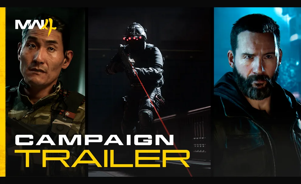 Capa do Trailer de Campanha de Call of Duty Modern Warfare 4 com 3 personagens divindo a imagem.