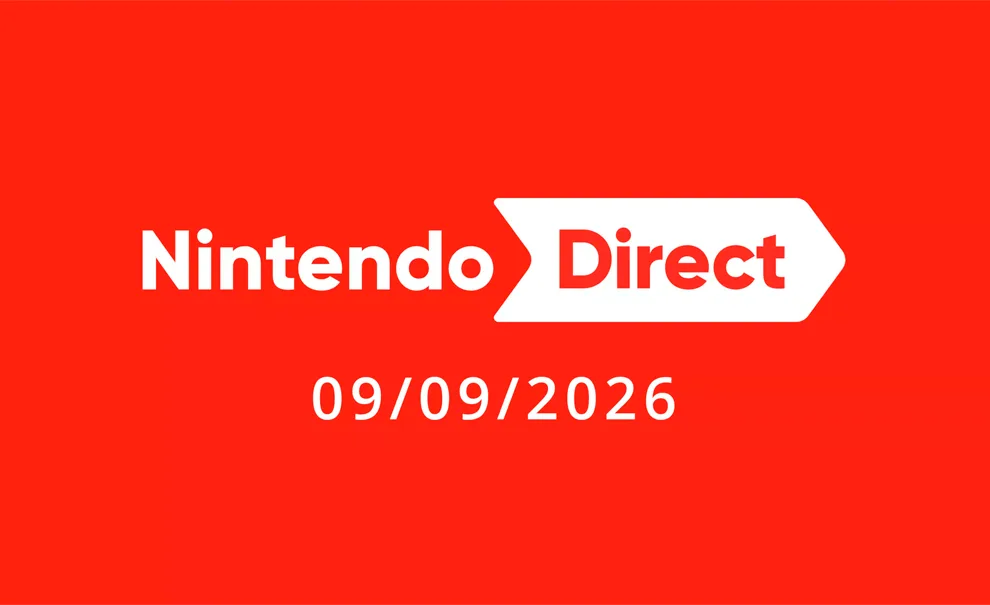 Imagem com fundo vermelho e letras em branco escrito Nintendo Direct 09/09/2026.