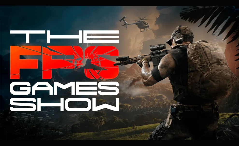 Operador armado apontando para a logo da The FPS Games Show.