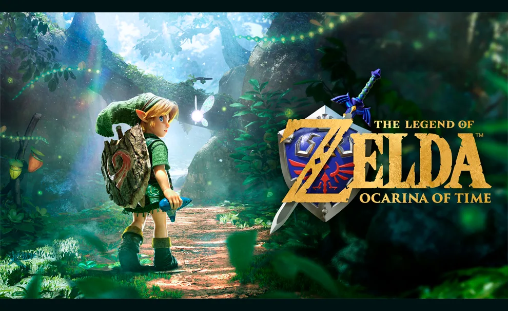 Imagem de Link segurando uma Ocarina e a pixie brilhante ao lado. Eles estão em uma floresta e a logo de The Legend of Zelda Ocarina of Time aparece na lateral. Imagem vinda da apresentação de The Legend of Zelda 40th Anniversary.
