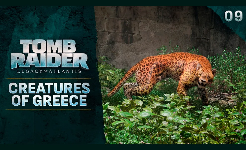 Tomb Raider Legacy of Atlantis com a imagem de uma "onça" e os dizeres em inglês, Criaturas da Grécia.