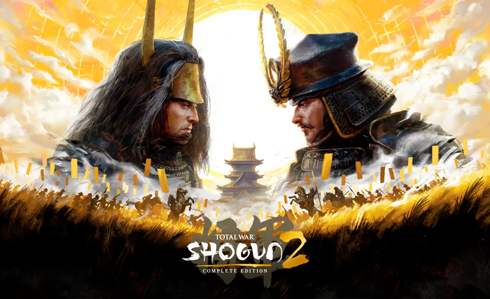 Arte principal de Total War SHOGUN 2 Complete Edition com 2 personagens comandantes de encarando e os exercícitos iniciando combate na frente de um templo e com sol poente.