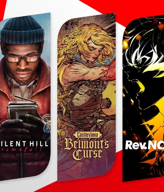 Imagem da Konami Press Start apresentada no dia 03 de setembro de 2026 com imagens de Silent Hill Townfall, Castlevania Belmont's Curse e Rev.Noir.
