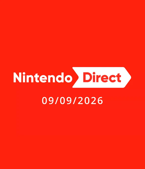 Imagem com fundo vermelho e letras em branco escrito Nintendo Direct 09/09/2026.