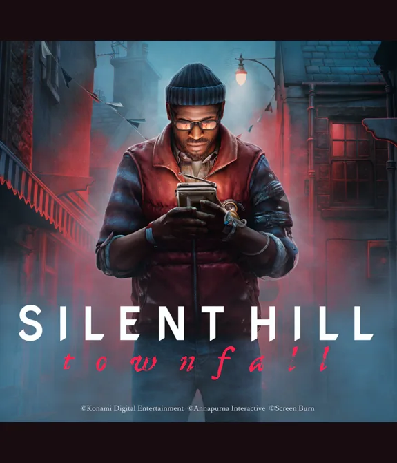 Simon Ordell em imagem urbana, observando um aparelho que lembra um rádio com a logo de Silent Hill: Townfall.