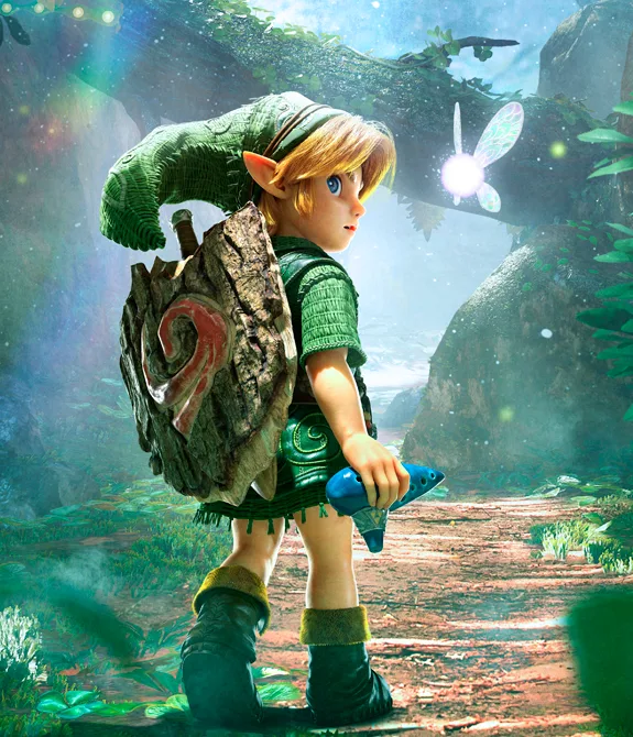 Imagem de Link segurando uma Ocarina e a pixie brilhante ao lado. Eles estão em uma floresta e a logo de The Legend of Zelda Ocarina of Time aparece na lateral. Imagem vinda da apresentação de The Legend of Zelda 40th Anniversary.