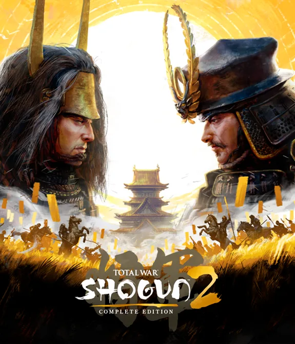 Arte principal de Total War SHOGUN 2 Complete Edition com 2 personagens comandantes de encarando e os exercícitos iniciando combate na frente de um templo e com sol poente.