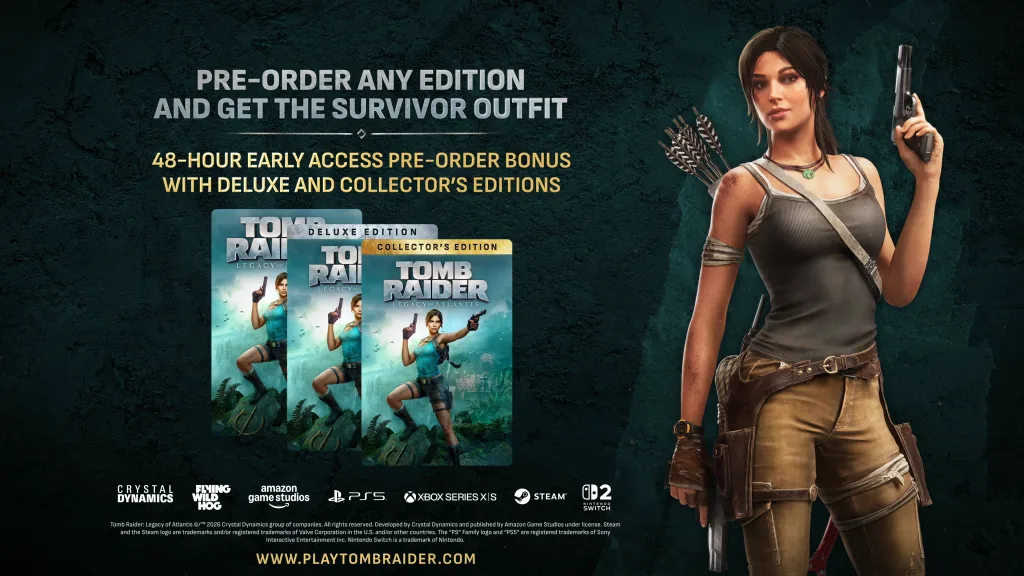 Imagem de Lara Croft e as capas das versões do jogo.