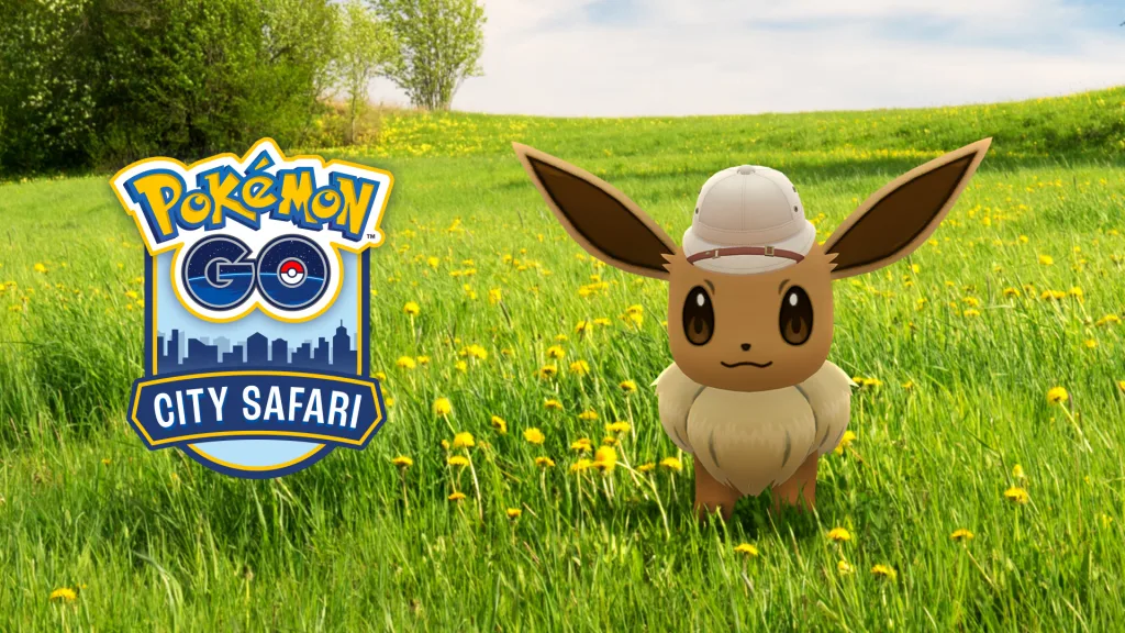 Eevee com chapéu de explorador em Safári Urbano Pokémon GO no Rio de Janeiro.