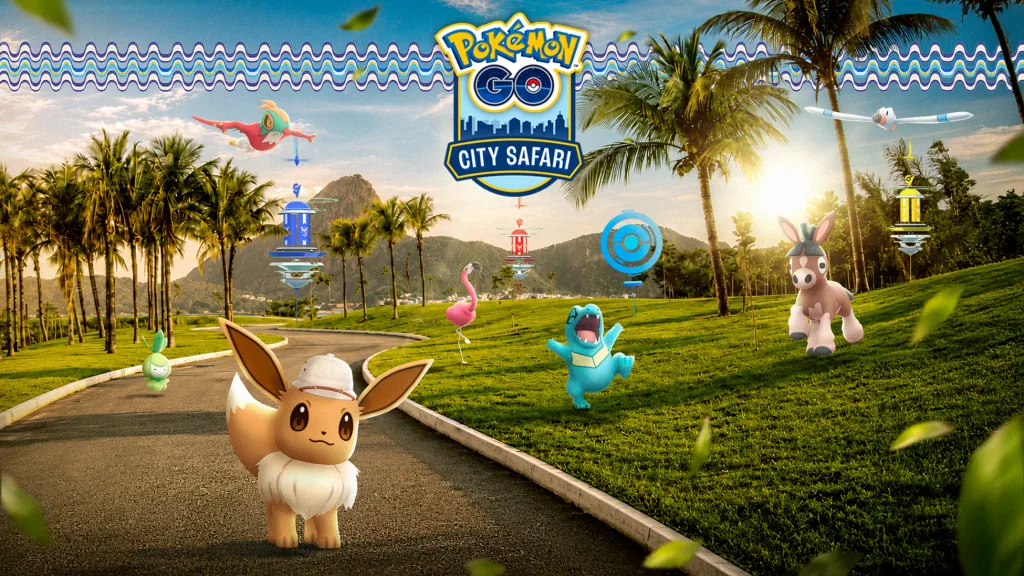 Eevee com chapéu de explorador em Safári Urbano Pokémon GO no Rio de Janeiro e mais outros pokemons.