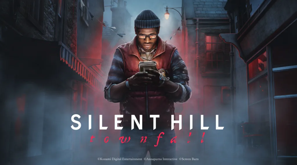 Simon Ordell em imagem urbana, observando um aparelho que lembra um rádio com a logo de Silent Hill: Townfall.