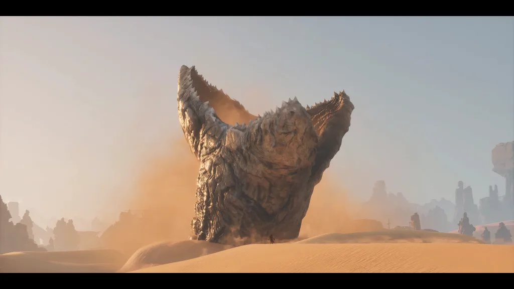 Verme de areia em frente a personagem em Dune: Awakening.