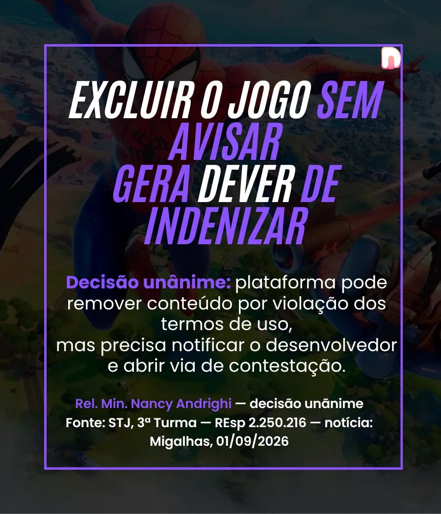 STJ: plataforma deve notificar o desenvolvedor antes de excluir jogo